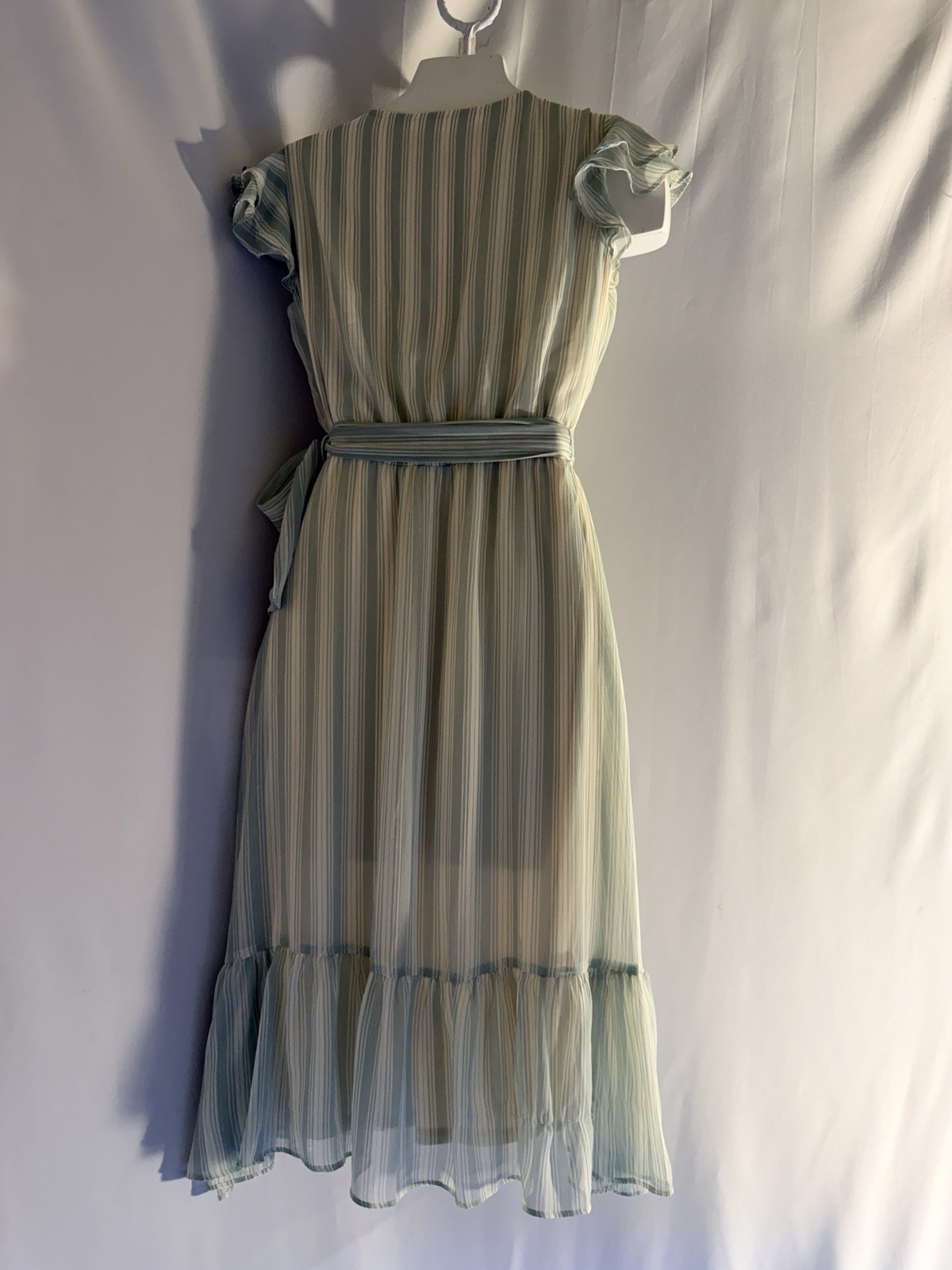 Lauren Conrad Sage Green Striped Midi Wrap Dress XS Flutter Sleeve Ruffle Hem