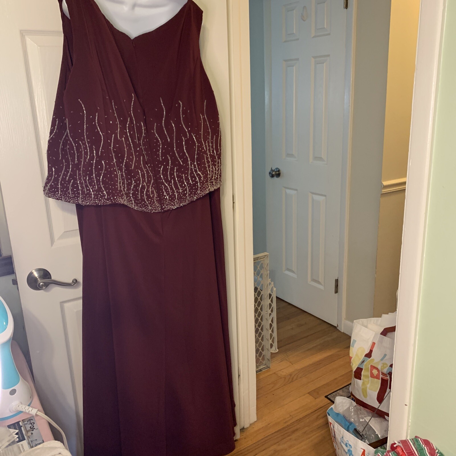 Sleeveless Full Length Lined Gown, Please See Measurements, Maroon, Beading