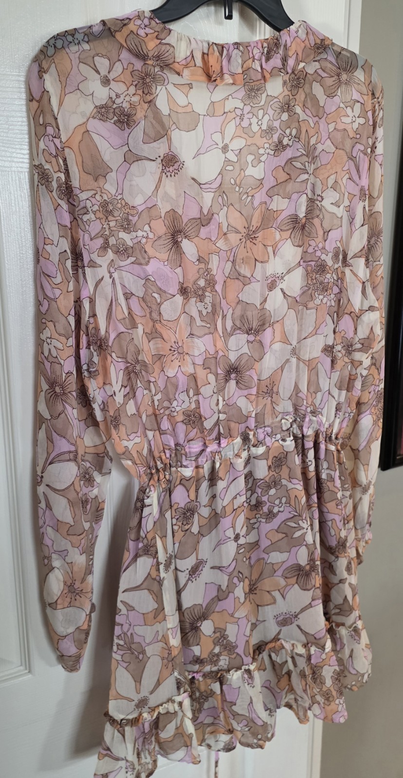 For Love & Lemons Pink Neutral Floral Sheer Mini Drawstring Waist Dress Large