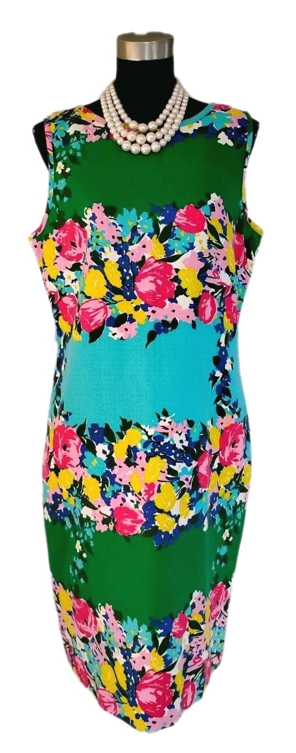Talbots Dress Sz 14 Blue Green White Yellow Red Pink Cotton Midi Sheath XL