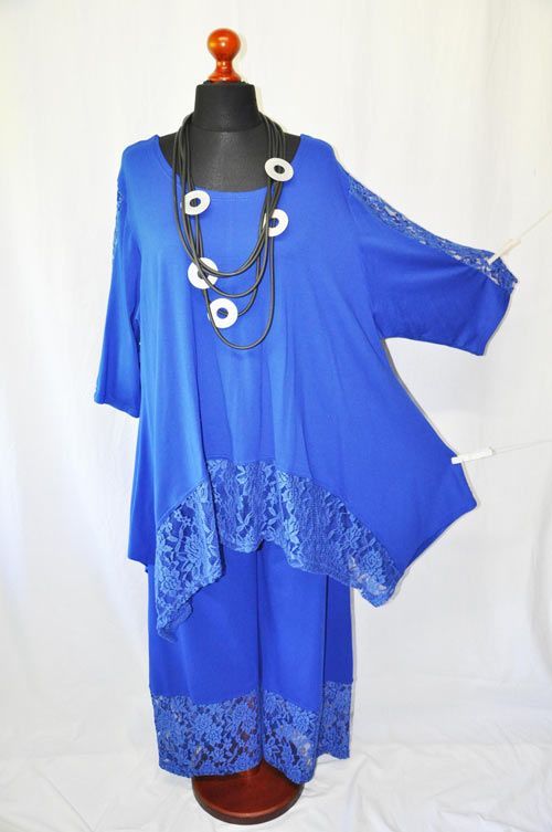 Lagenlook A Line Oversized Zip Tunic Jersey + Lace Royal Blue 48,50,52,54