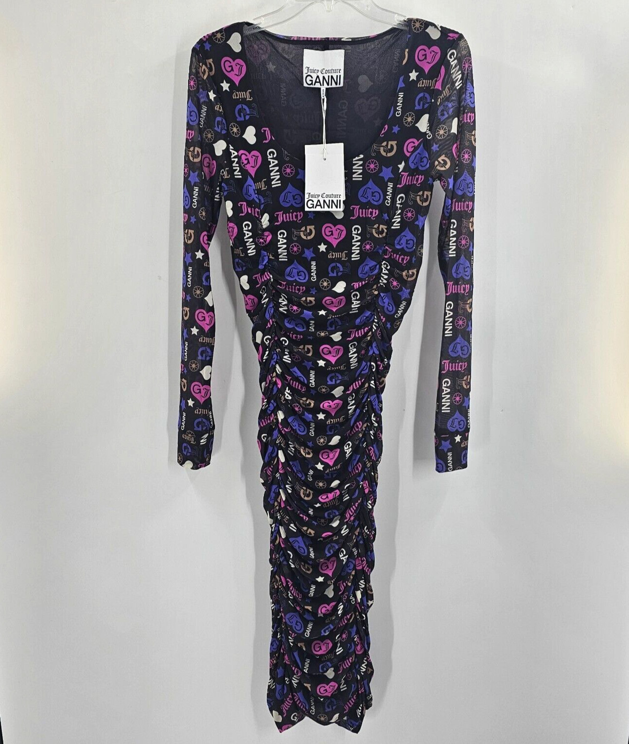 Ganni X Juicy Couture Small Ruched Mesh Midi Dress Black Logo U-Neck EU 36 $525