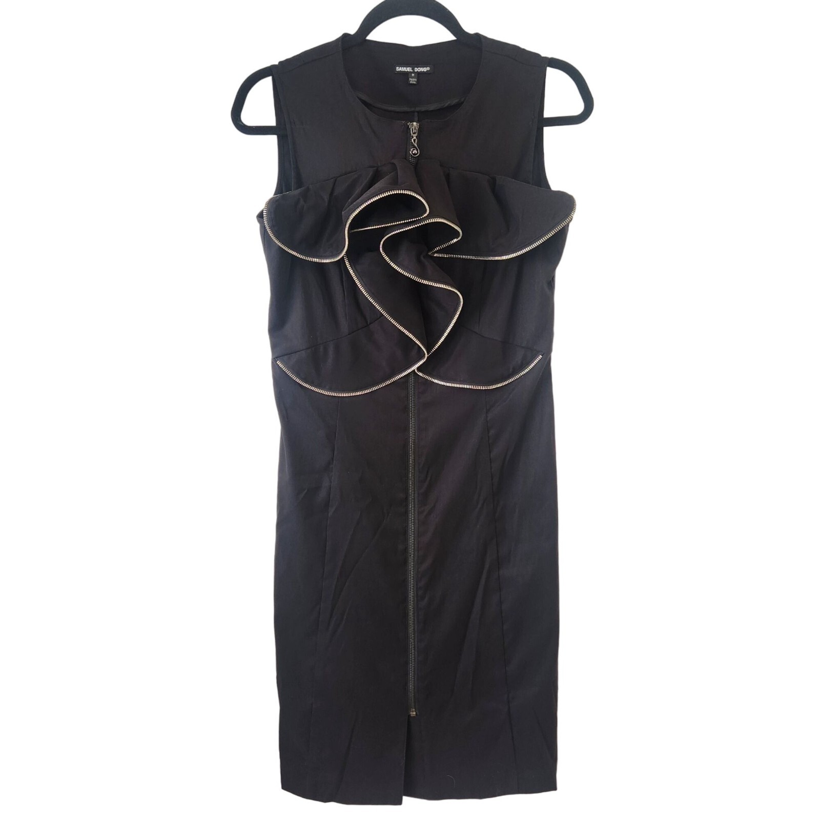 RARE Samuel Dong Black Ruffle Zipper Dress Fitted Sheath Pencil LBD Size M