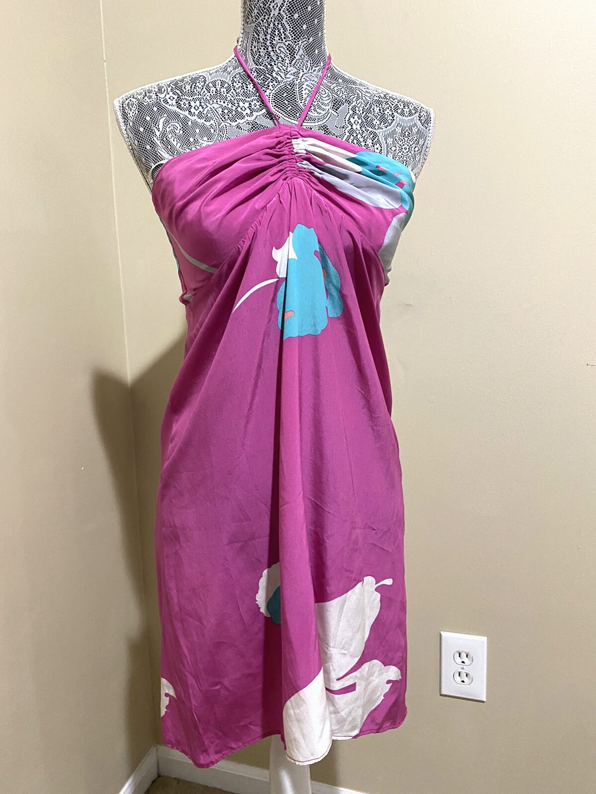 Tadashi Shoji Pink Silk Sheath Halter Dress Ruched Floral Designer Party Evening