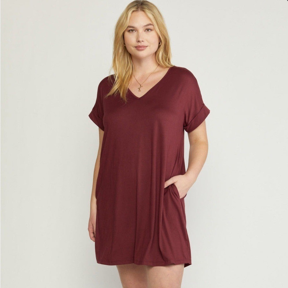 entro X Anthropologie Cuffed Sleeve V-Neck T-Shirt Dress with Pockets Size L