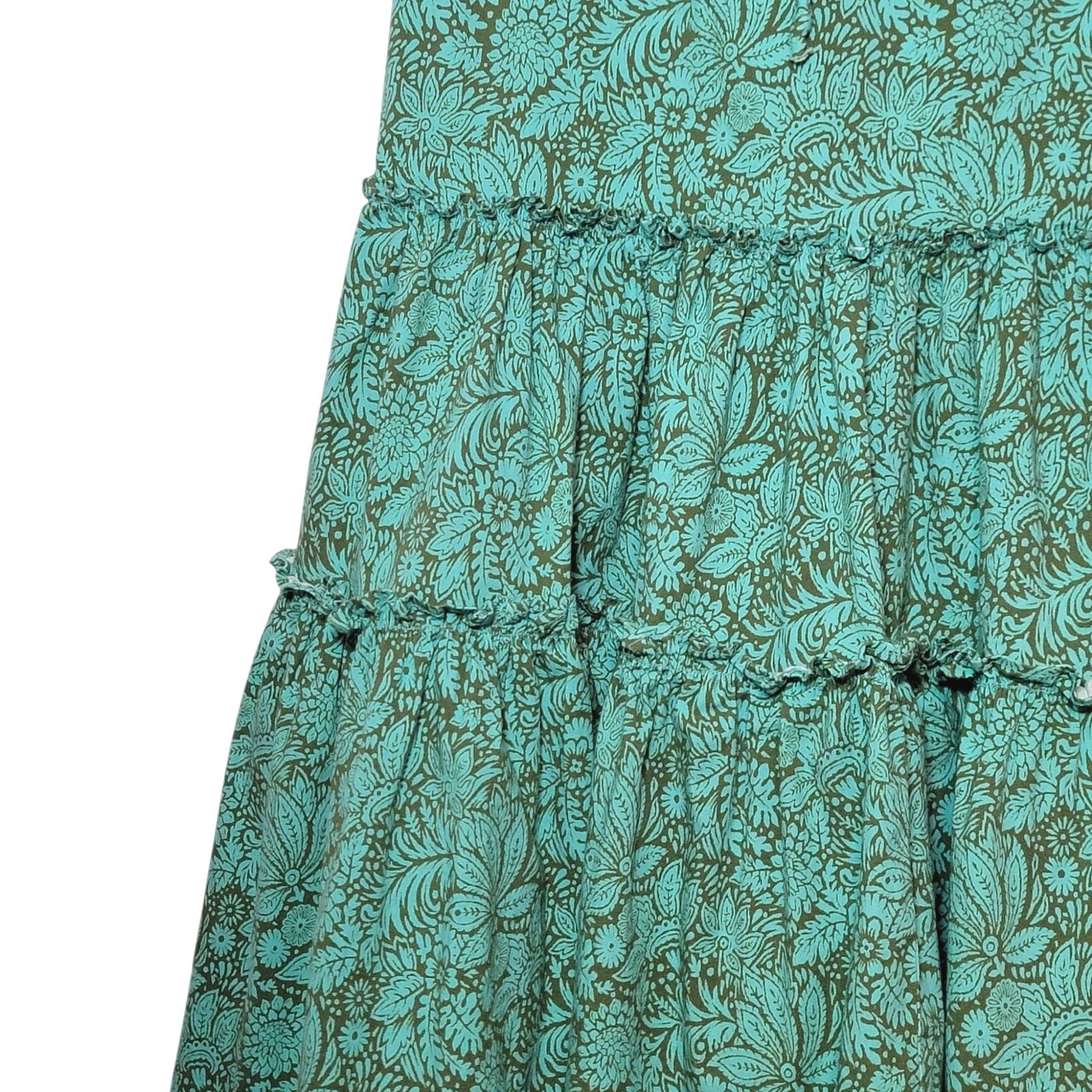 Sundance Liora Floral Leaf Cotton Tiered Ruffle Dress Short Sleeve Green S