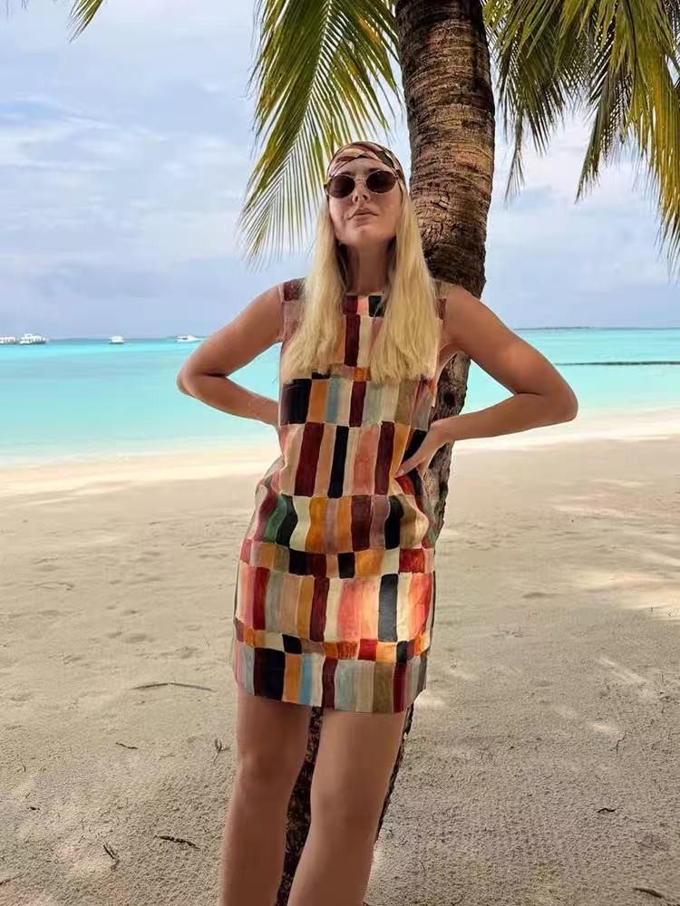 Alemais Linen color blocked print elegant sleeveless straight tube vest dress