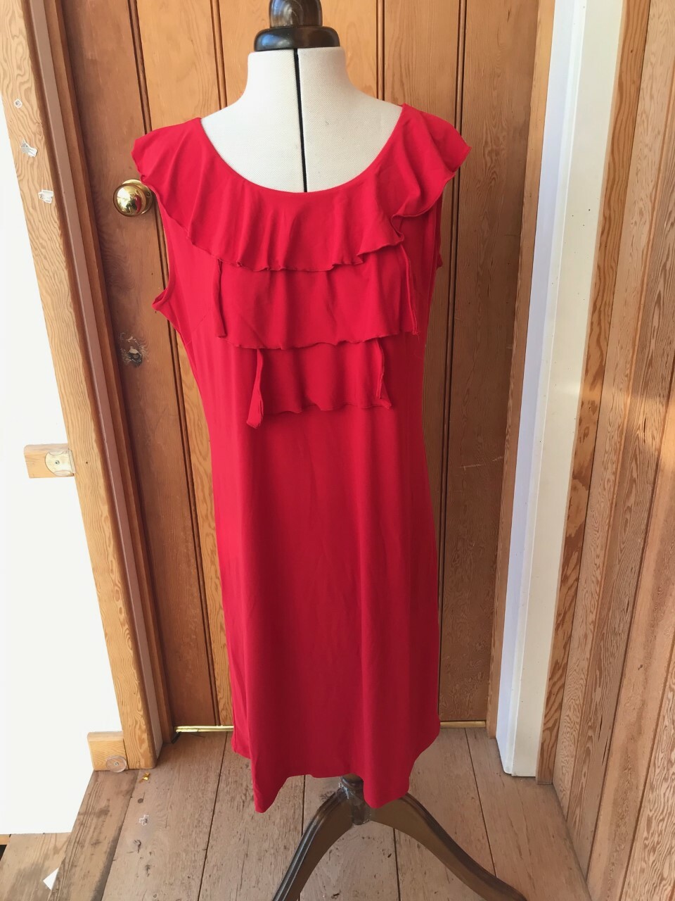 nina leonard drapey bright red ruffle dress L M 3XL new unworn stretch polyester