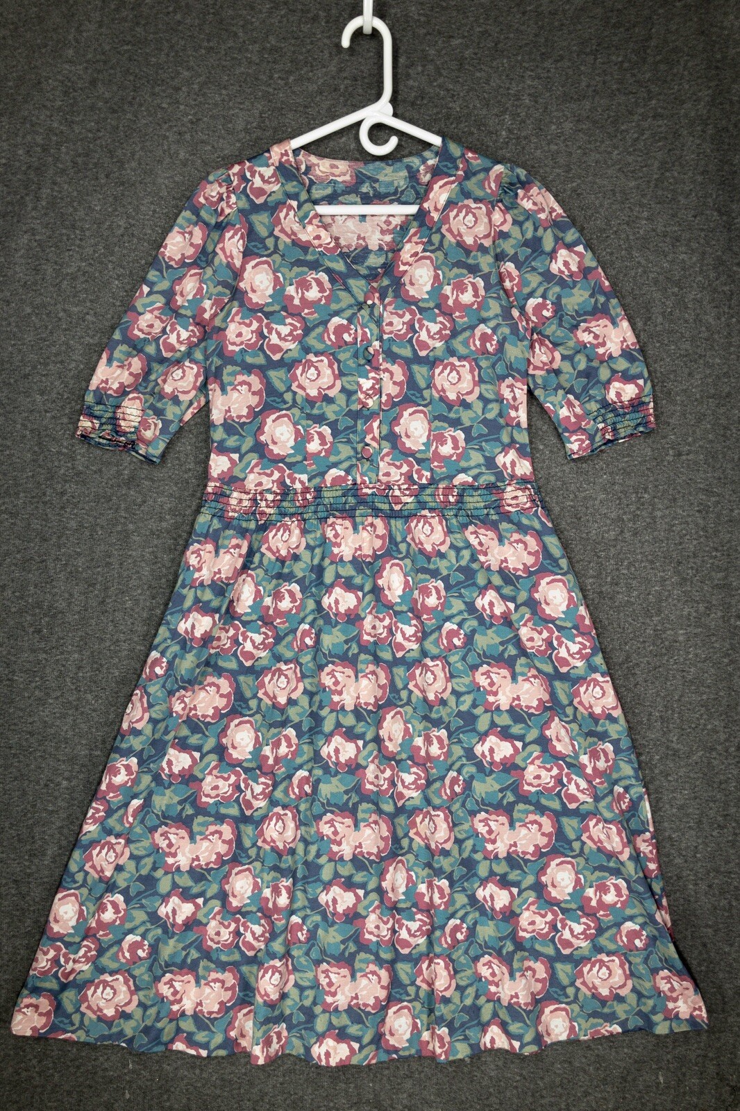 Vintage Dress Size Small A-Line Midi Rose Pink Green Floral Half Sleeve
