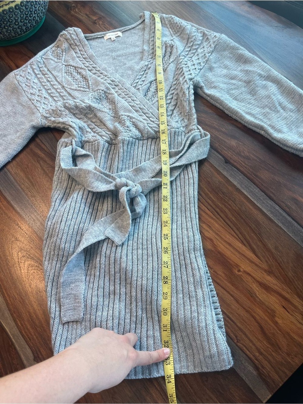 No Comment Cable Knit Tie Waist Balloon Sleeve Dress Light Gray Wrap Belted