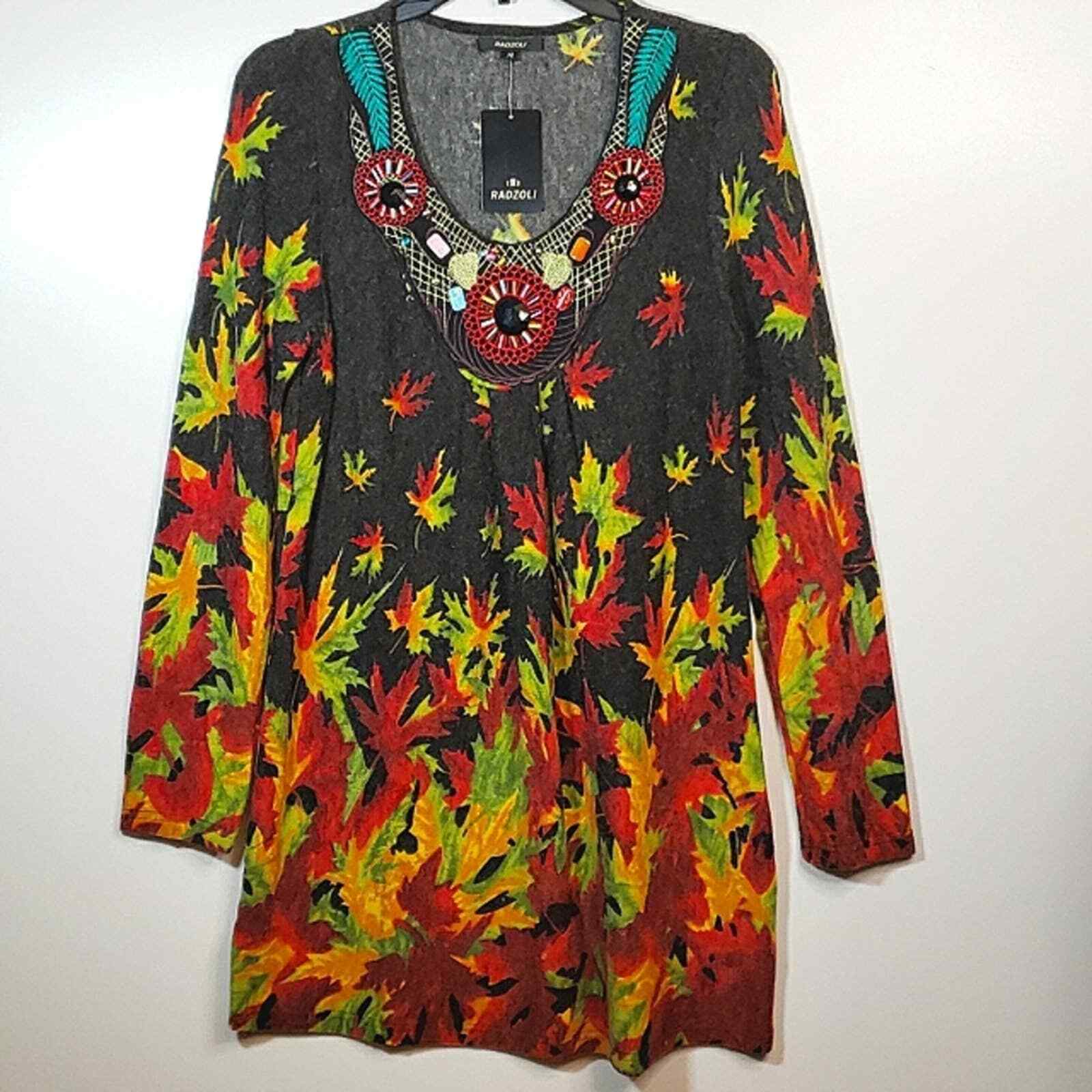 Radzoli Fall Leaves Jeweled Sweater Dress Tunic M