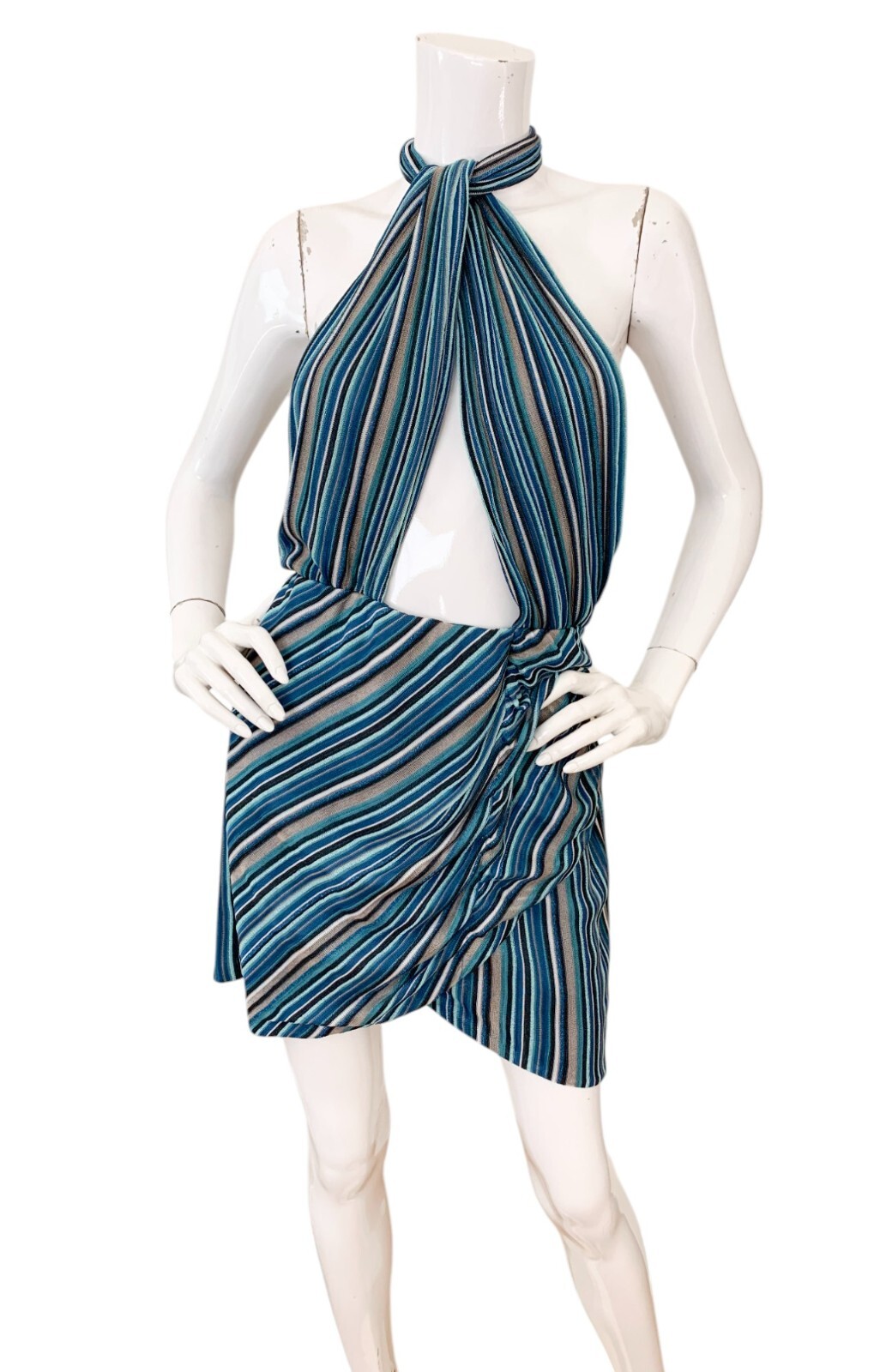 Kukhareva London Rosie Mini Dress Halter Plunge Striped Knit in Ocean NWT Medium