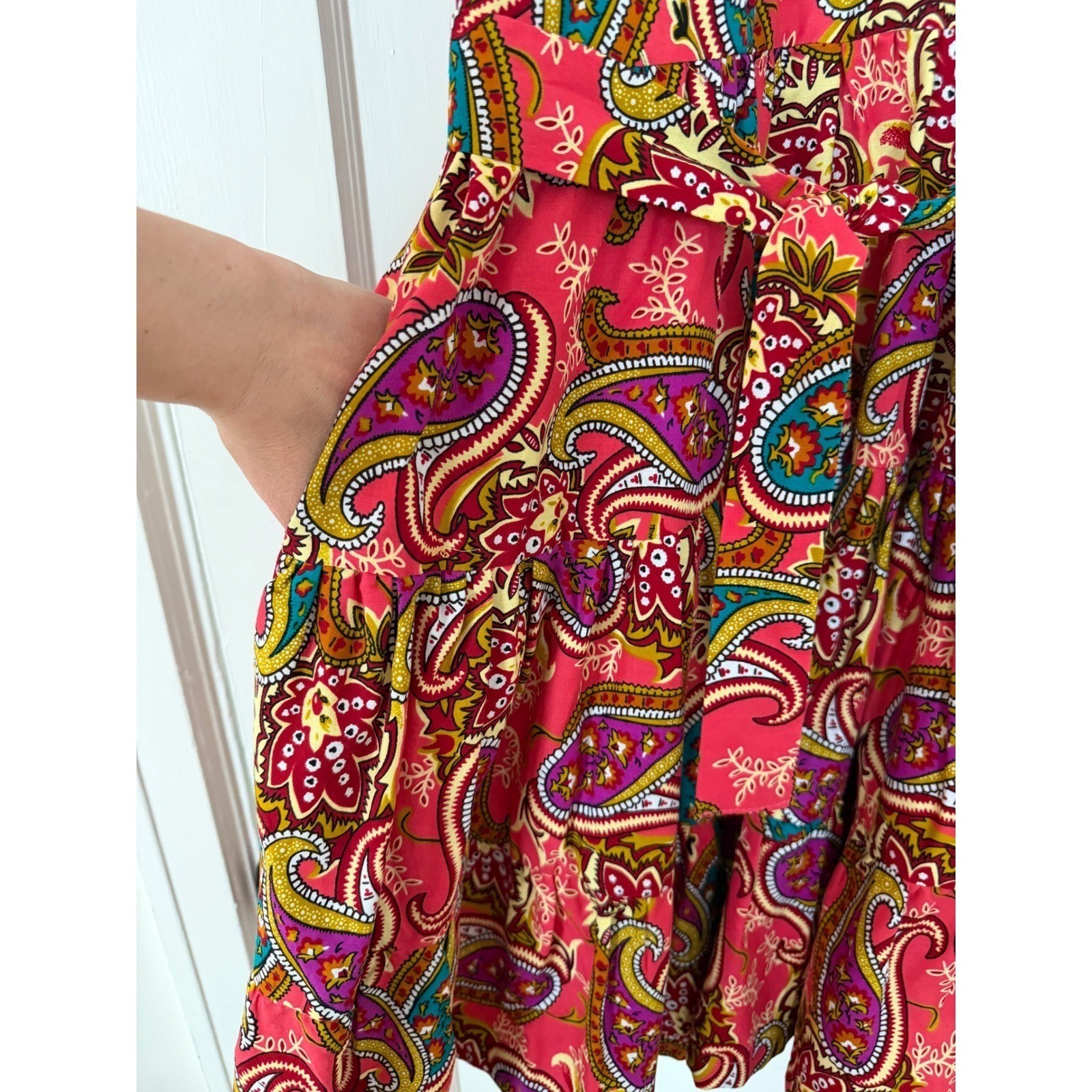 Pink Paisley Tiered Ruffle Sleeve Fit & Flare Cotton Dress Sz S: Boho, Party
