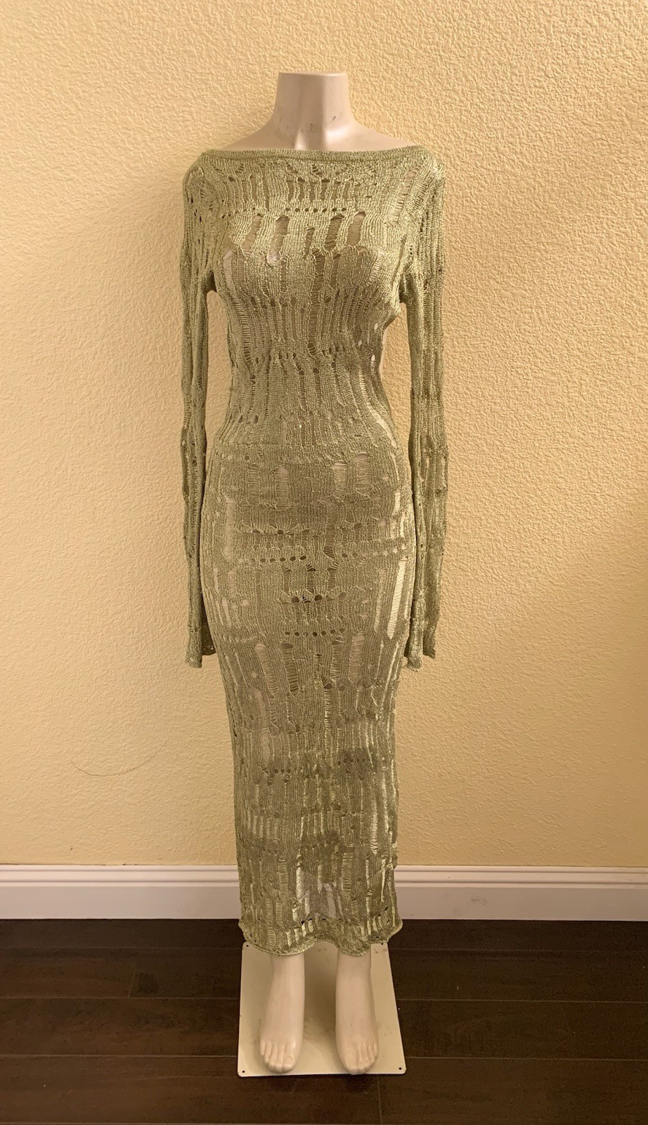 Jaded London Size Medium Umbra Moss Green Knit Metallic Long Sleeve Maxi Dress