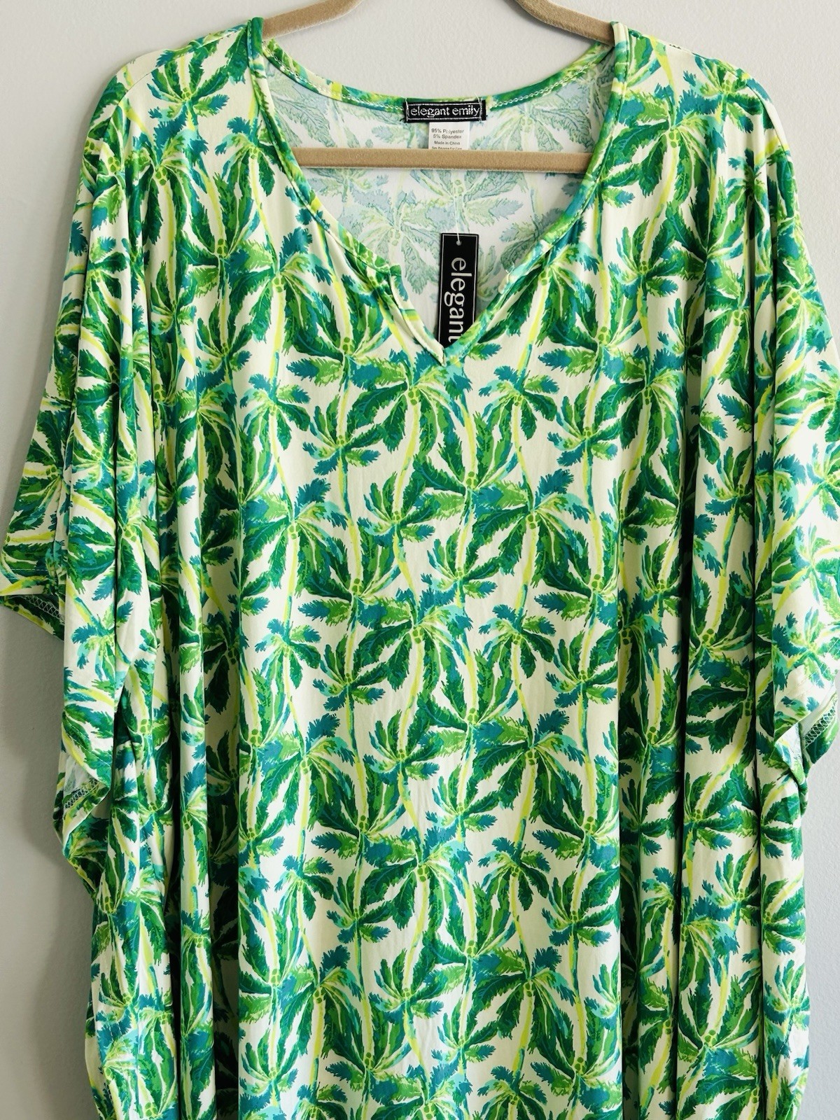 1X/2X/3X New Green White Palm Print Kaftan Knit Beach Cover Dress Nightgown