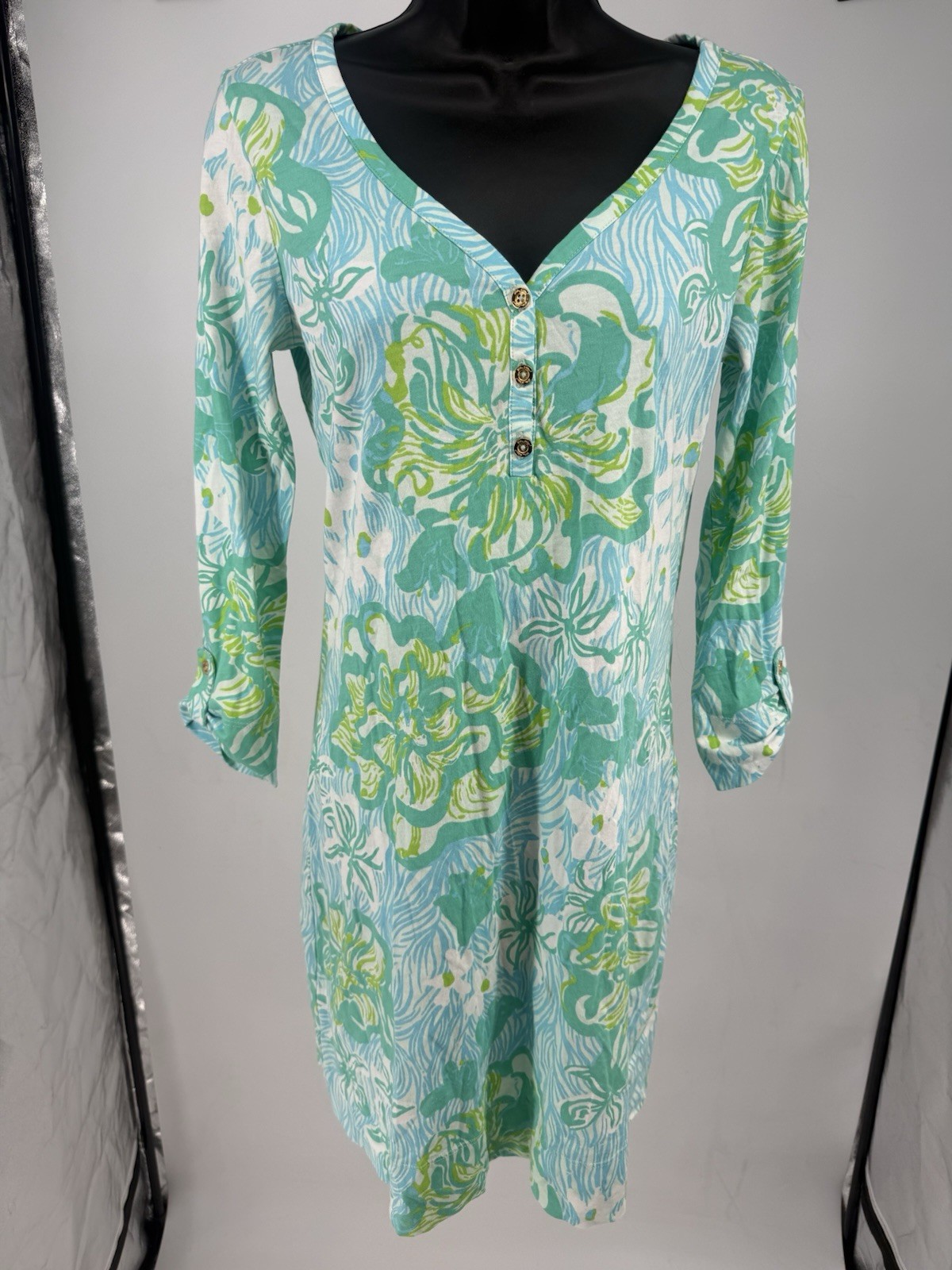 Lilly Pulitzer Palmetto Henley Dress Green Blue White Beach Resort Pima Cotton S