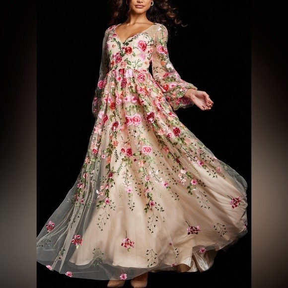 Jovani Nude Multi Floral Embroidered V-Neck Gown Size 6 $510