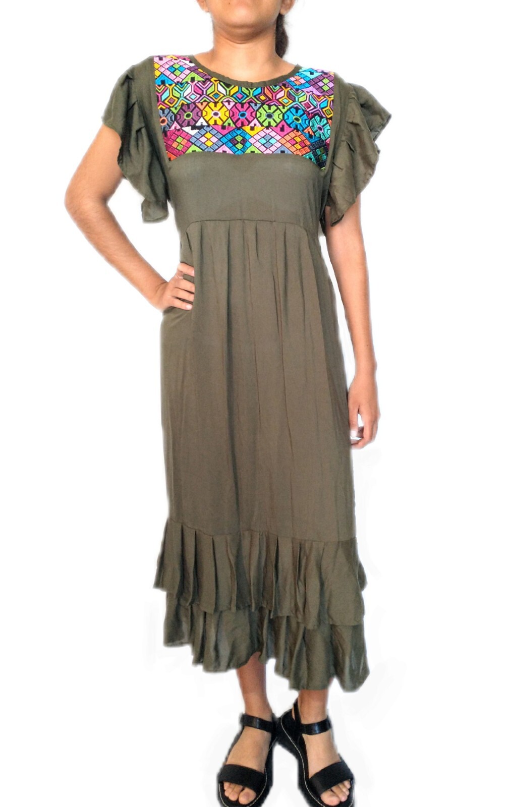 Mexican Floral Embroidery Women’s Dress S,M Rayon Fabric Green