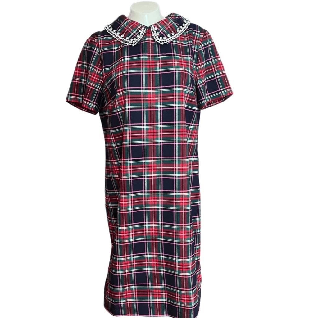 Talbots Classic Christmas Dashing Plaid Removable Rhinestone Collar Dress 8