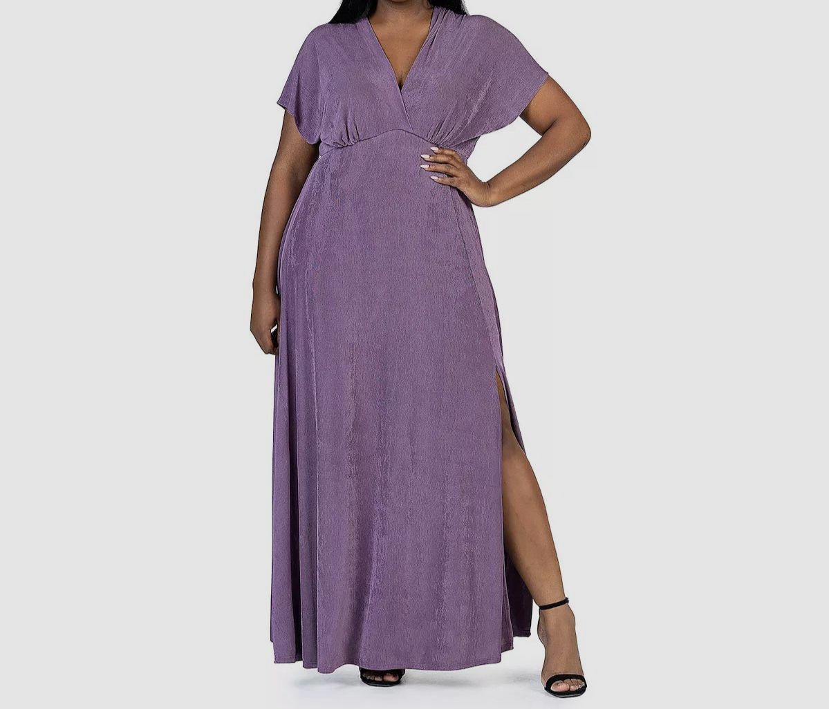 24Seven Comfort Apparel Women’s Purple Metallic Knit V-Neck Dress Plus Size 3X