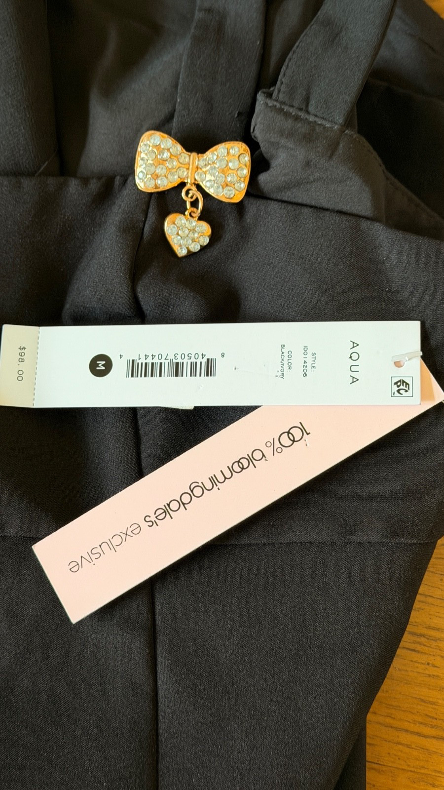 NWT AQUA Bloomingdale’s Black Scuba Crepe Rhinestone Bow Mini Dress Size Medium
