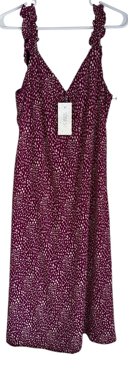 NWT Sienna Sky Smocked Midi Slip Sundress Sz L Purple Beige Polka Dots Ruffle