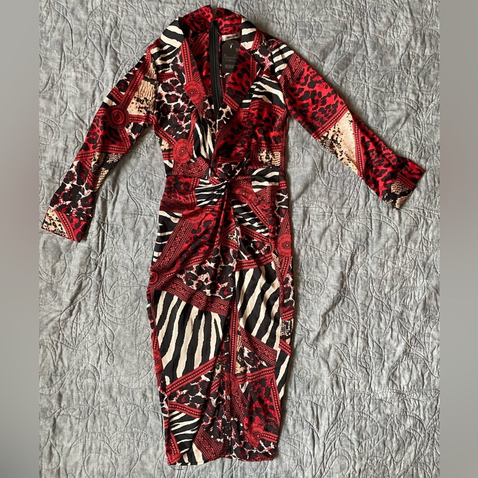 Zara NWT Mixed Animal Scarf Print Patchwork V-Neck Dress Red Black sm