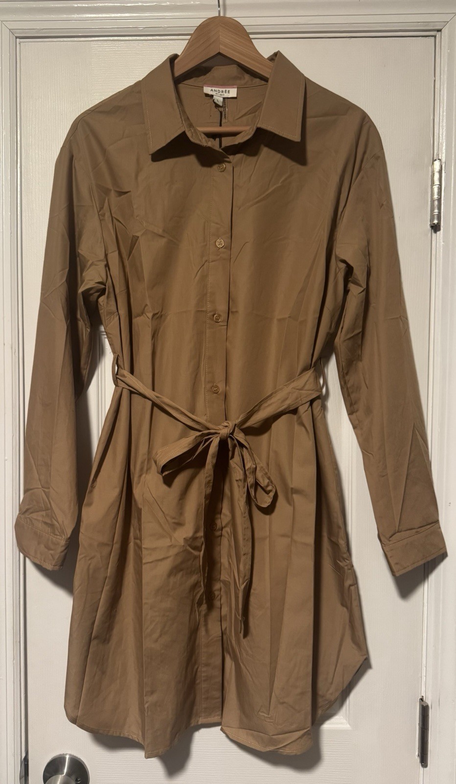 Women’s Andree Long Sleeve Belted Shirt Dress – Camel Tan Brown – Large – NWT