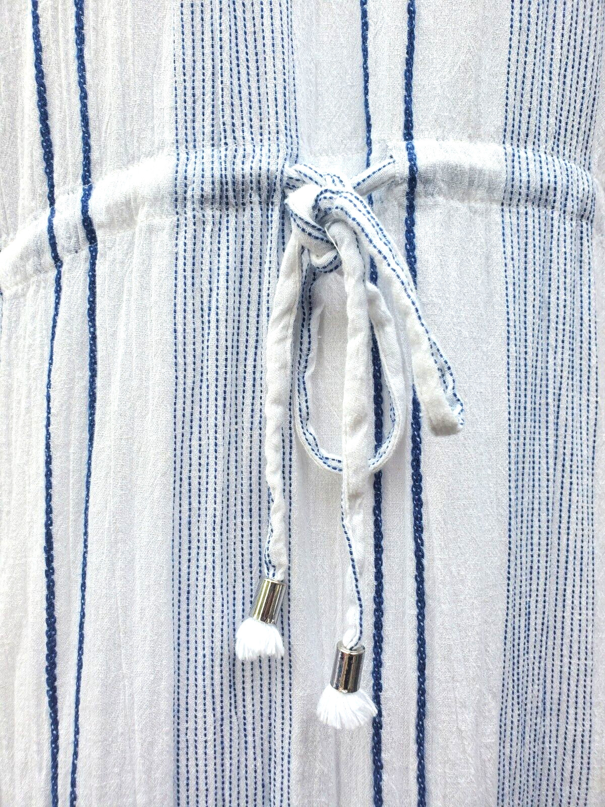 LULUS white & blue striped pullover maxi Dress medium TASSLES tied waist cotton