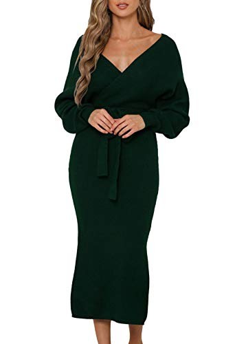 Fixmatti Womens Sweater Wrap Dresses Long Batwing Sleeve V Neck Backless Maxi