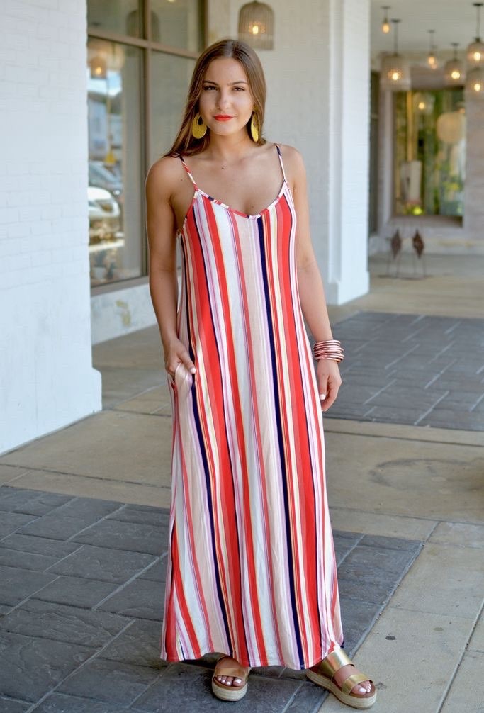 Vertical Striped Maxi Dress Buttery Soft Stretch Red Pink Orange Resort Beach L