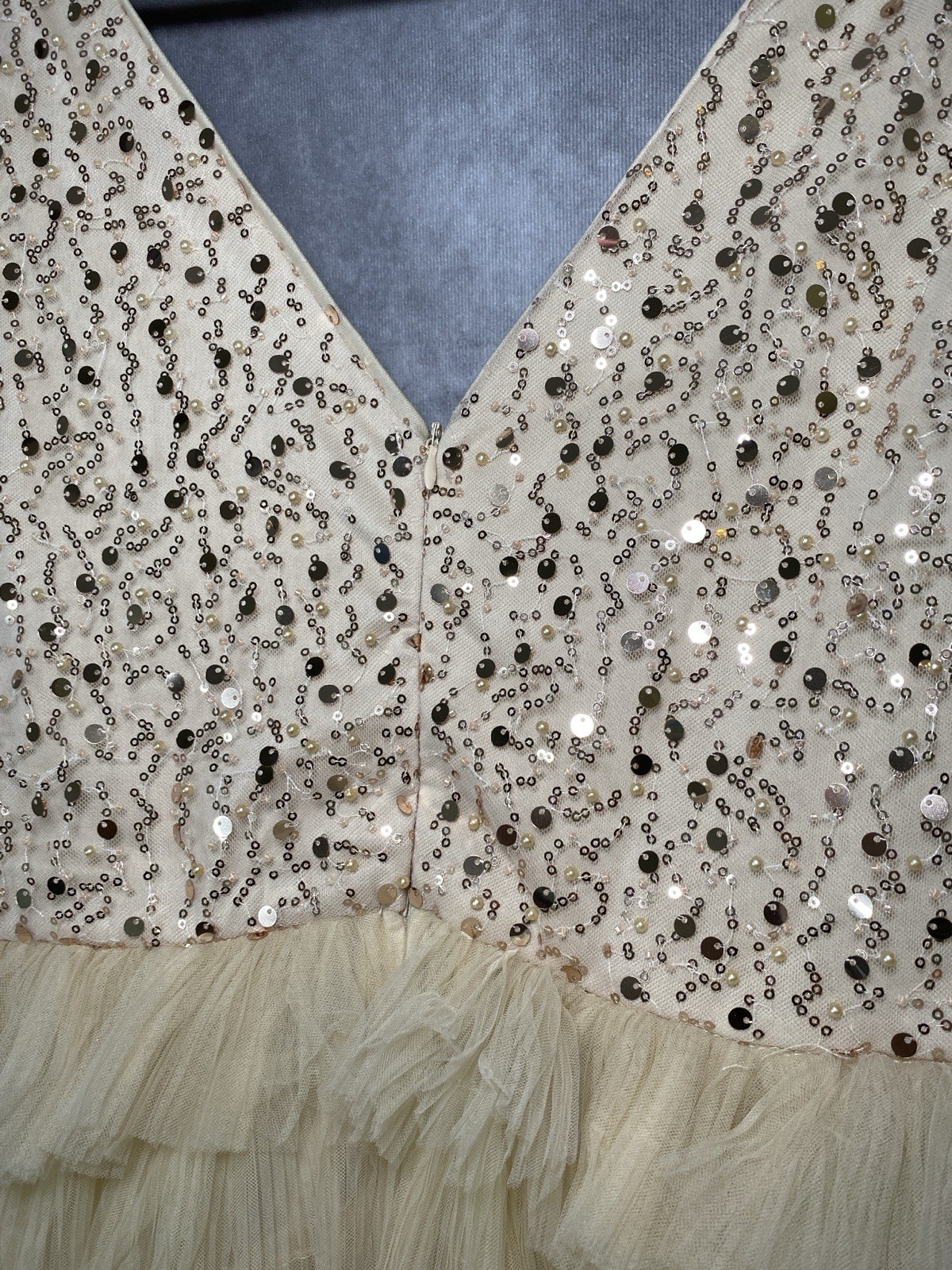 Glam Faeriesty Whimsical Prom Dress Size XL Ruffle Sequin Tulle Cream