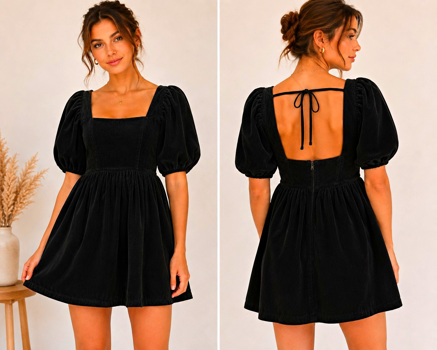 mimishop Black Corduroy Mini Dress S Puff Sleeve Square Neck Open Back Tie