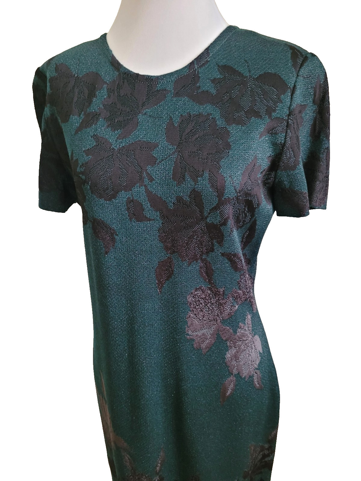 ST. JOHN Metallic Floral Knit Dress Emerald Multi Short Sleeve Black Label Sz 8