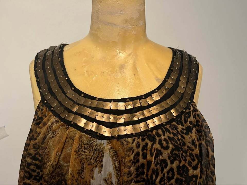 Leopard Print Embellished Neckline Midi Dress