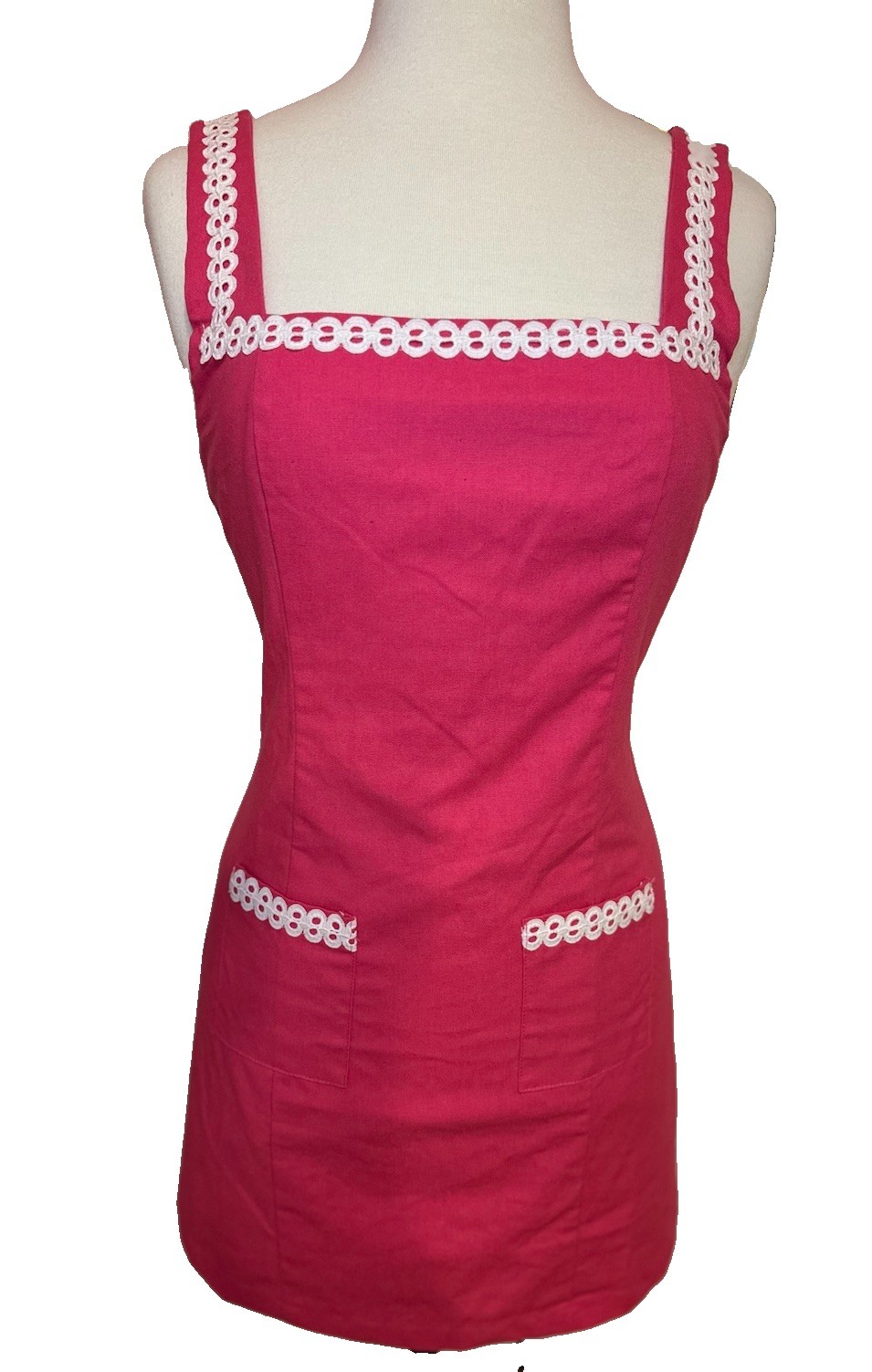 pants store Women’s Small Pink/White Sheath Dress Square Neck Lace Pockets Zip