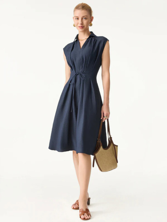 OGL Viscose-Linen Collared V-neck Midi Dress with Drawstring Pick Color/Size NWT