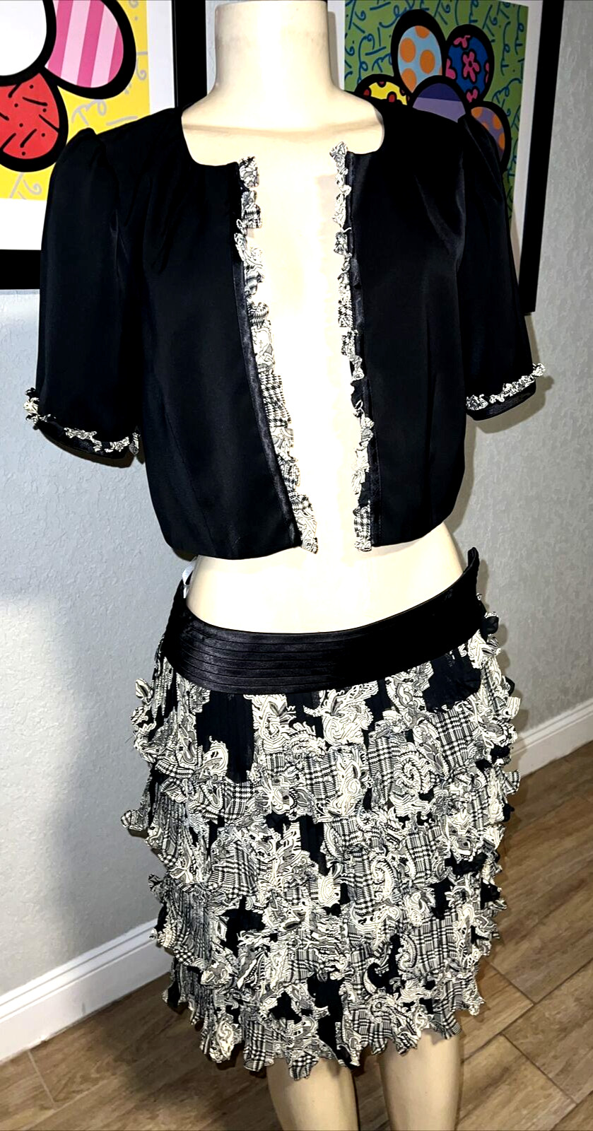 Mikael Aghal 2PC set BLAZE & RUFFLE TIER SKIRT Black SZ 10 br2