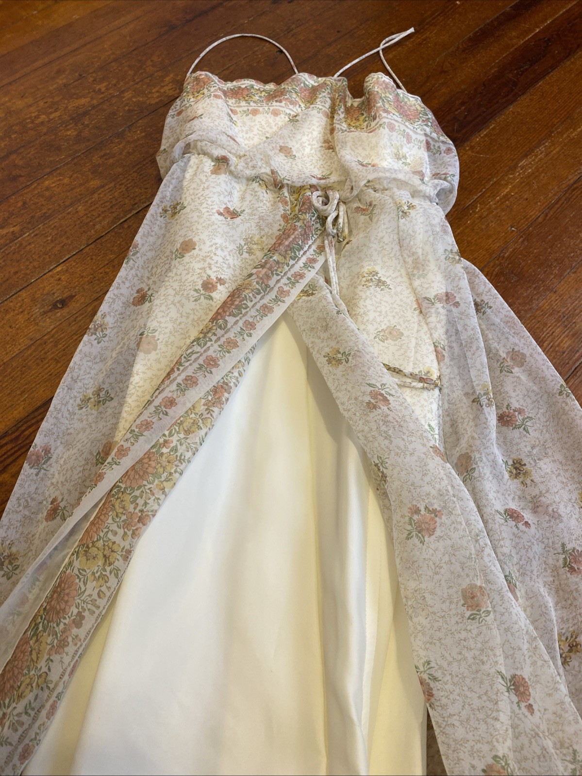 VTG 70s Handmade Chiffon Ivory Floral long Dress Gown Sheer Shawl Sleeveless XXS