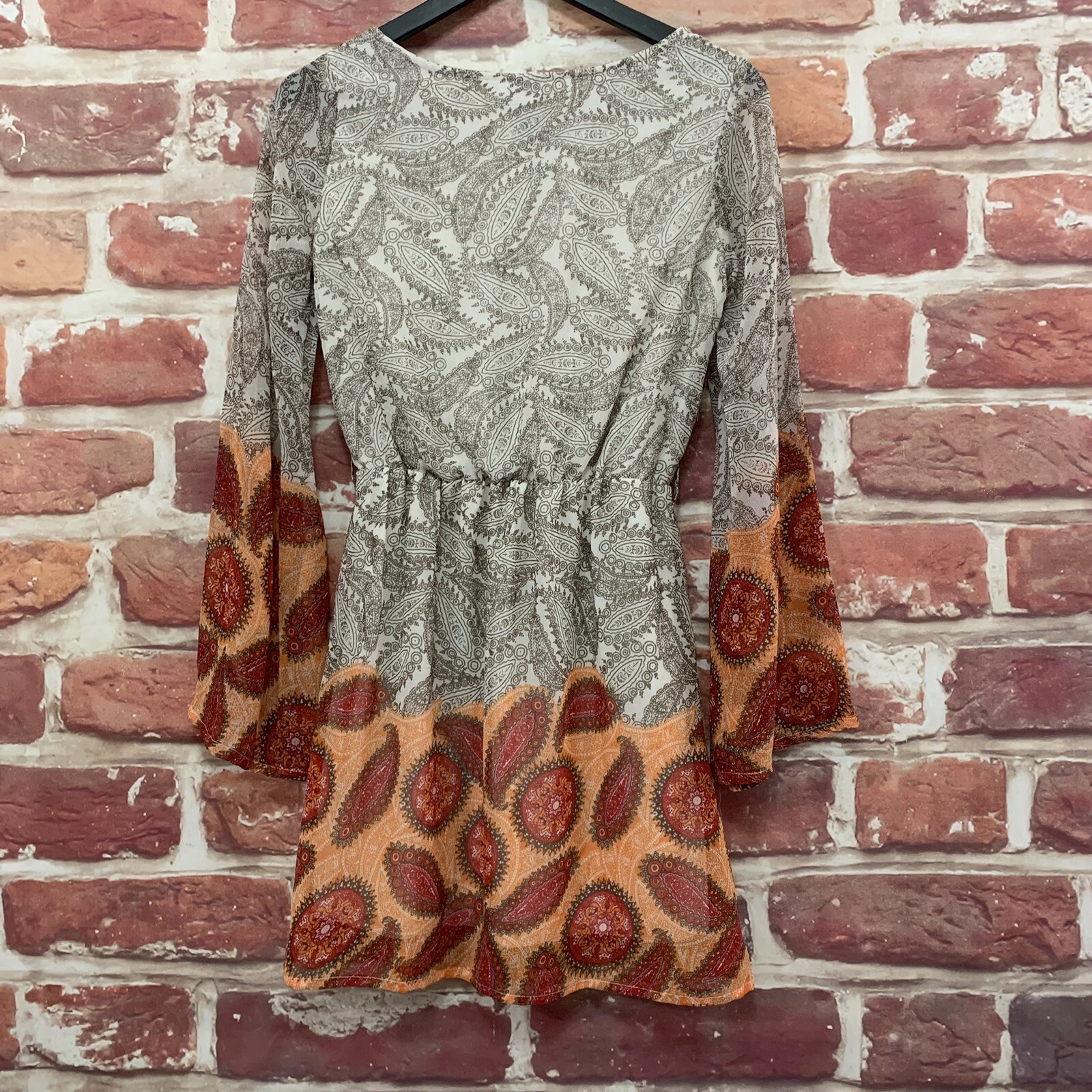 Feathers Dress Womens Small White Taupe Multicolor Boho Paisley Floral Pullover