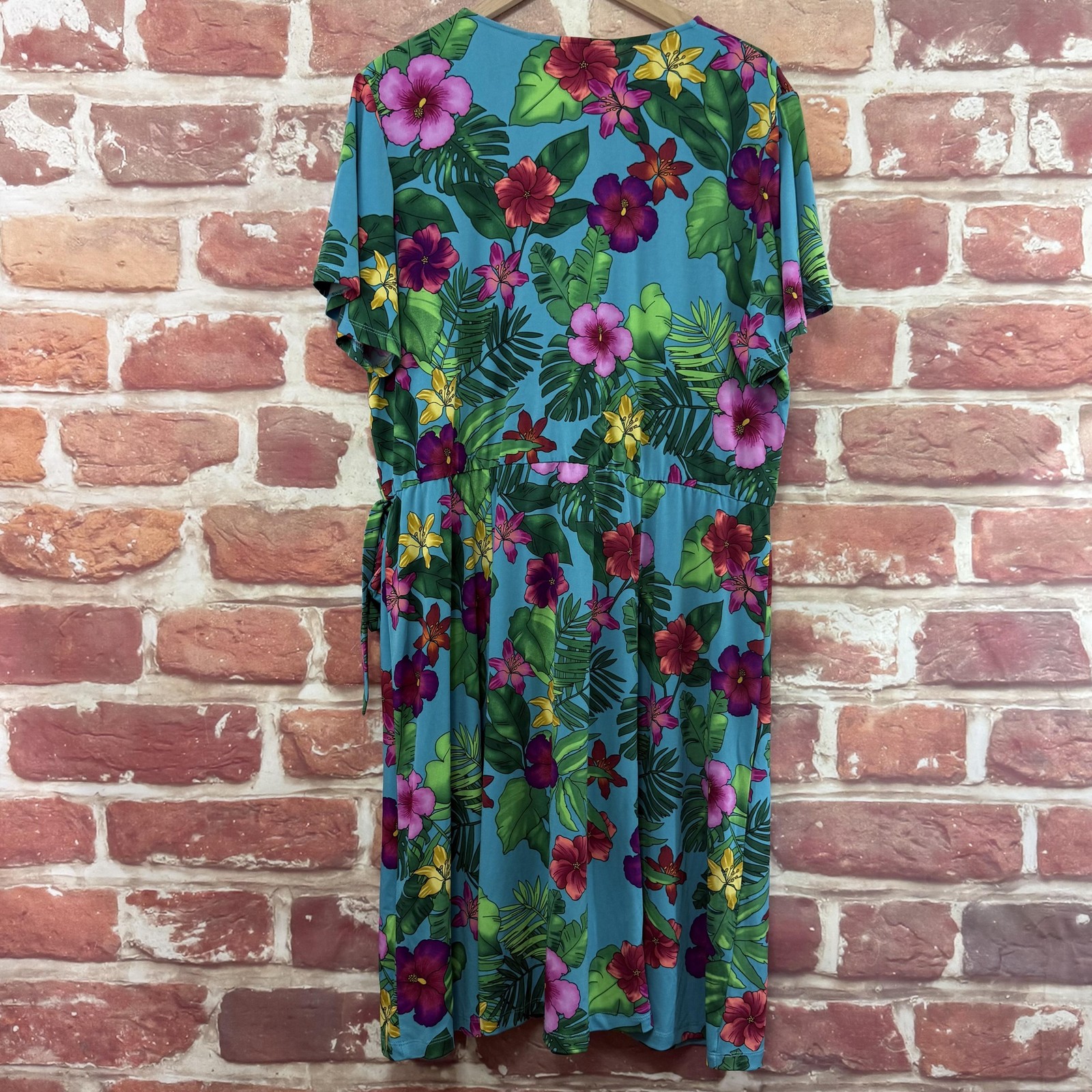 Susan Graver Dress Womens XL Blue Multicolor Tropical Floral Surplice Wrap Midi