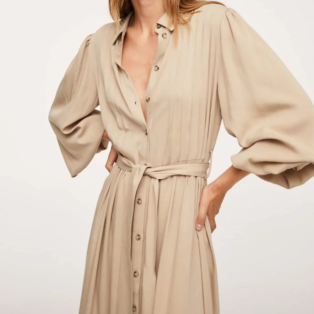 Mango – Beige button down long sleeve pleated tie-waist midi dress – Size 4