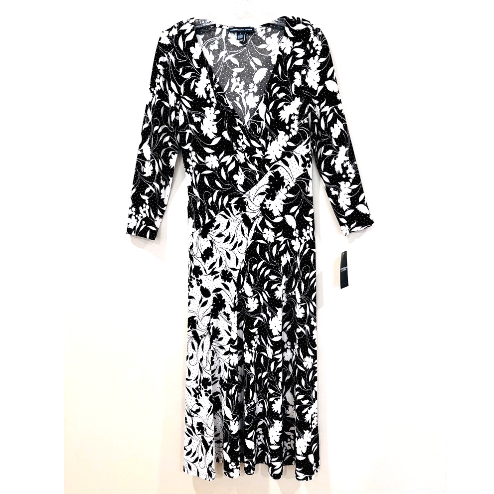 NEW Black White Floral Maxi Dress Size 8 Faux Wrap 3/4 Sleeve Stretch Classic