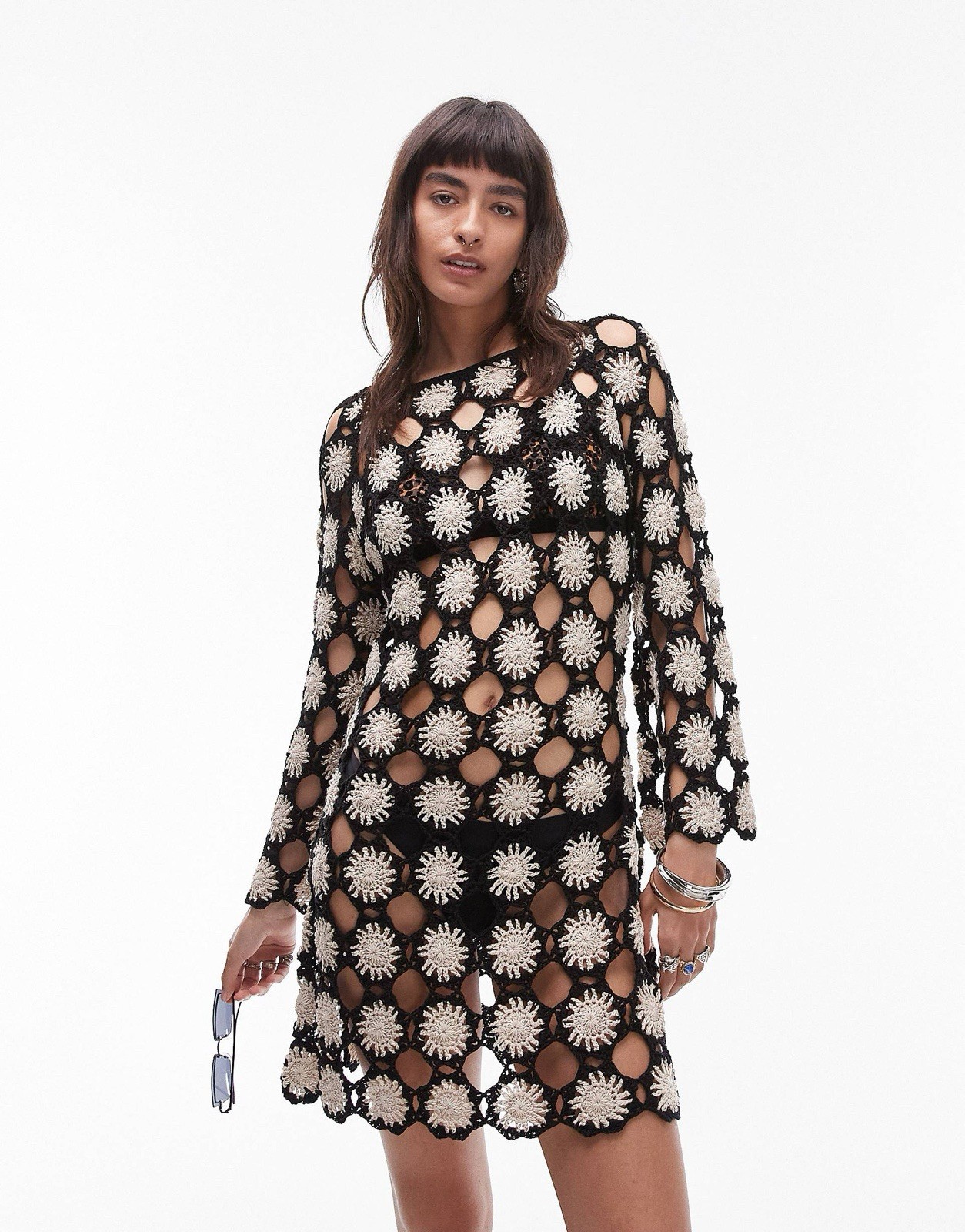 Topshop premium knit hand crochet mini dress in multi – Size 4-6