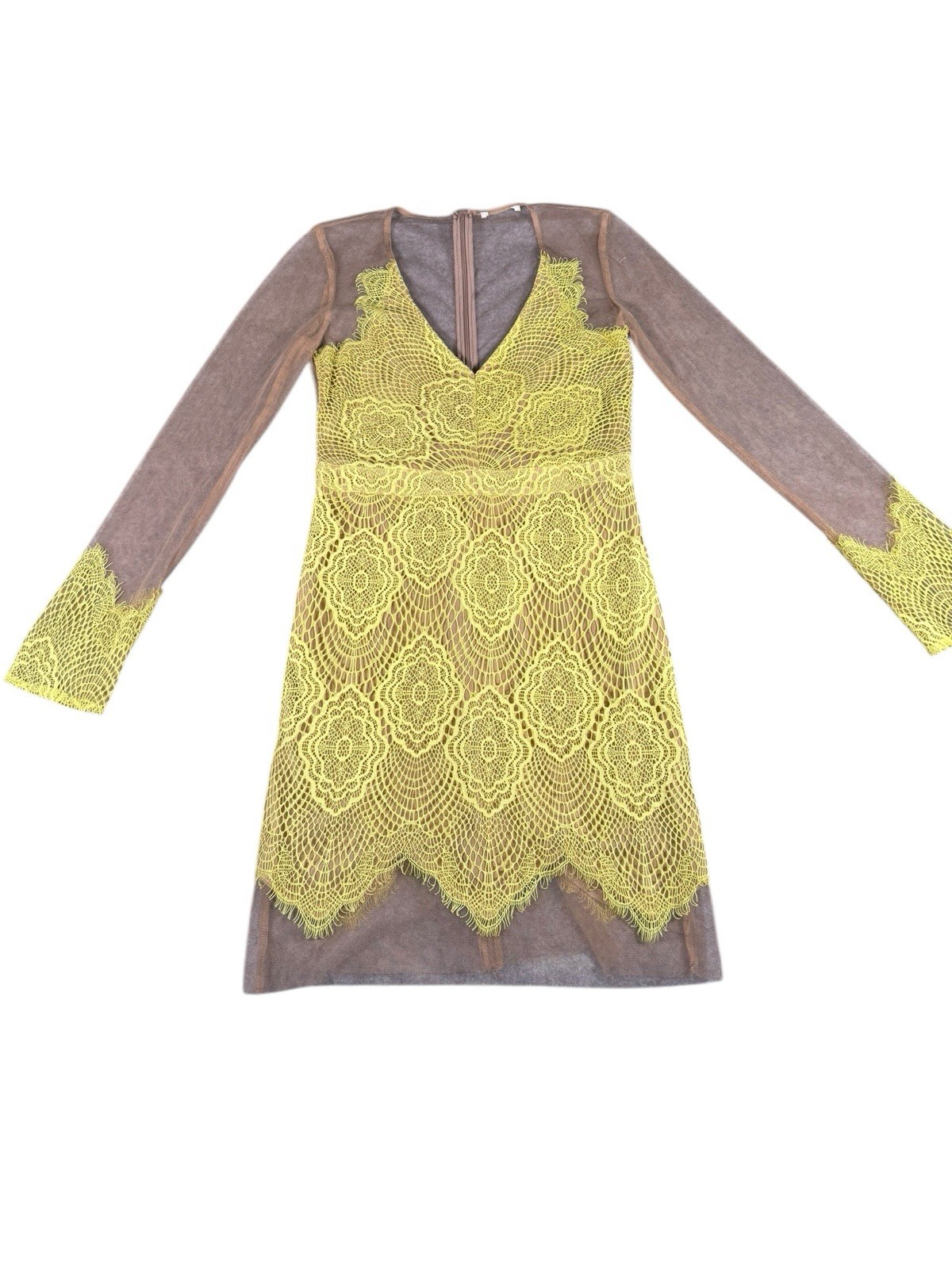 Women’s Lace Overlay Sheer Mesh Mini Dress V-Neck Long Sleeve Yellow Nude Size M
