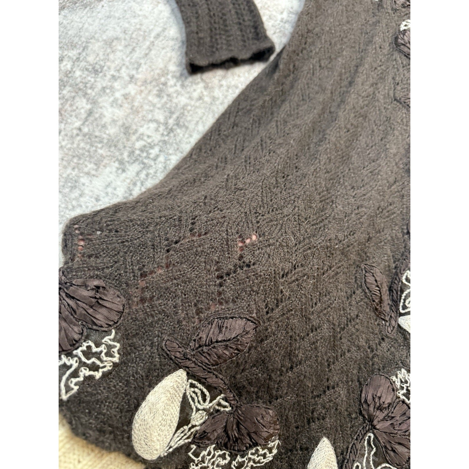 Wrap Longline Cardigan M Wrap Dress Mohair Brown Embroidered Open Knit Boho