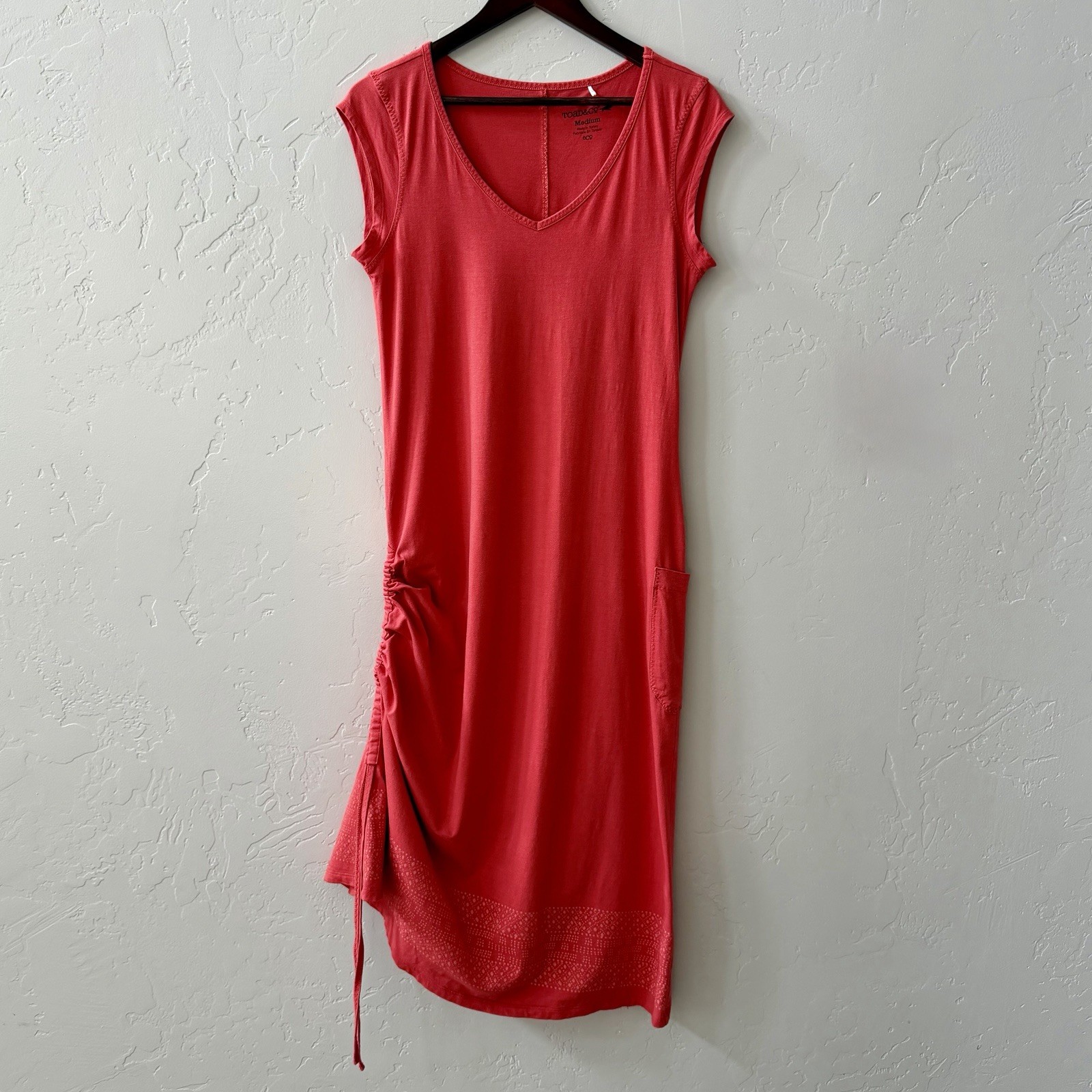 Toad & Co Muse Coral Midi Dress Womens Size M Organic Cotton Modal Ruched Casual