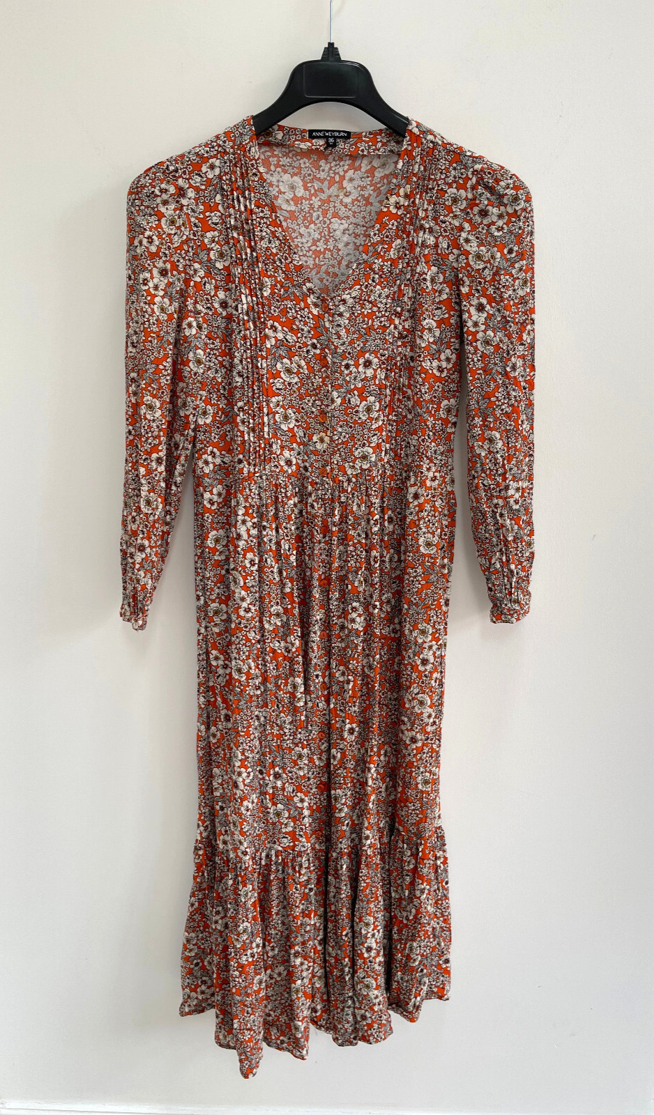 La Redoute Midi Dress Shirt Orange Floral Button Front Pintuck UK 8