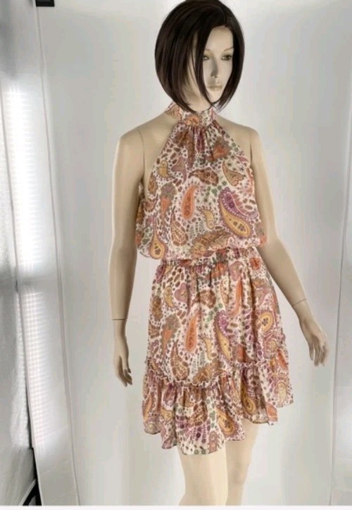 NWT Sweet Lemon M Paisley Halter Mini Dress Ruched Waist Lined Boho Gold Shimmer