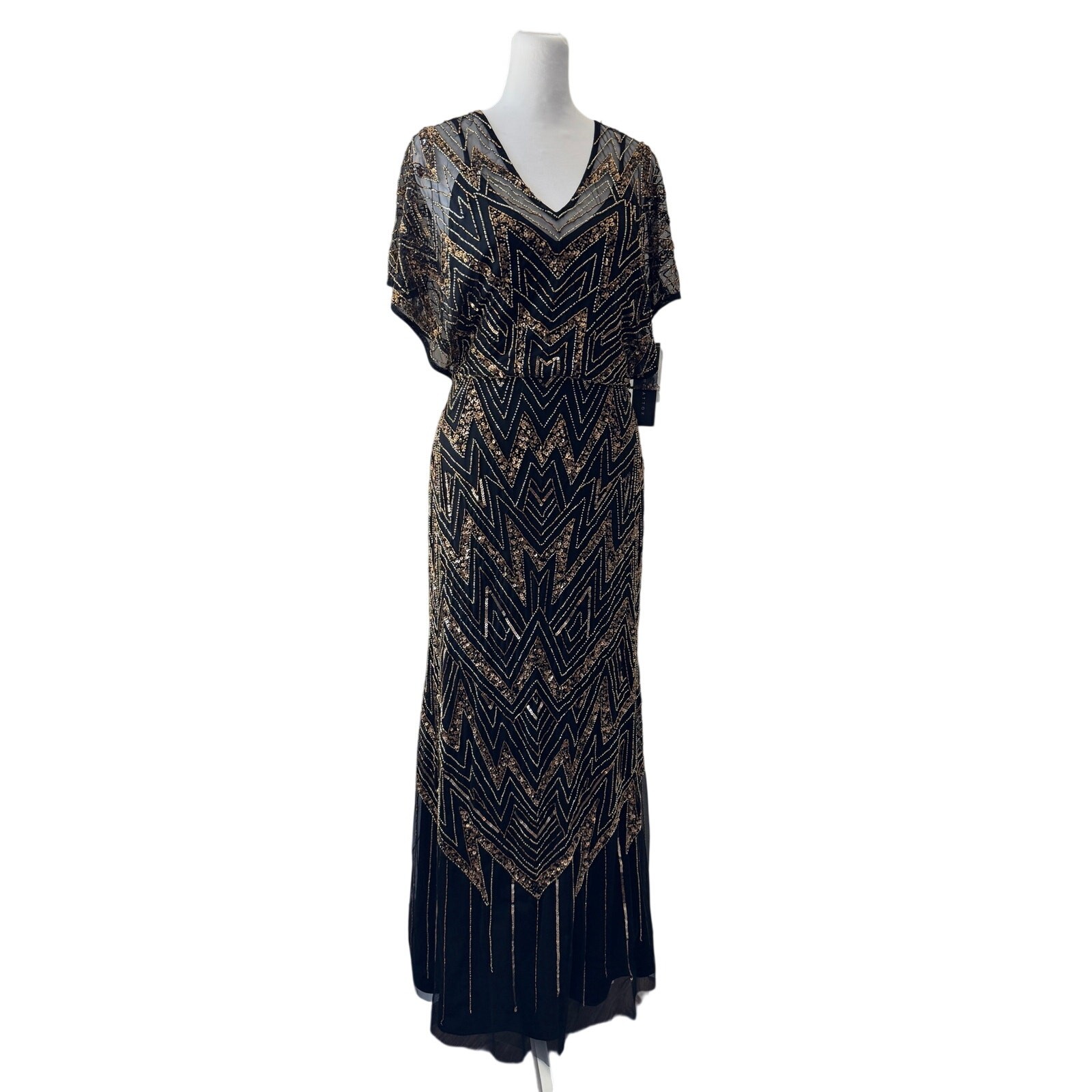 NWT Aidan Mattox Black Sequined Beaded V-Neck Short Sleeve Gown